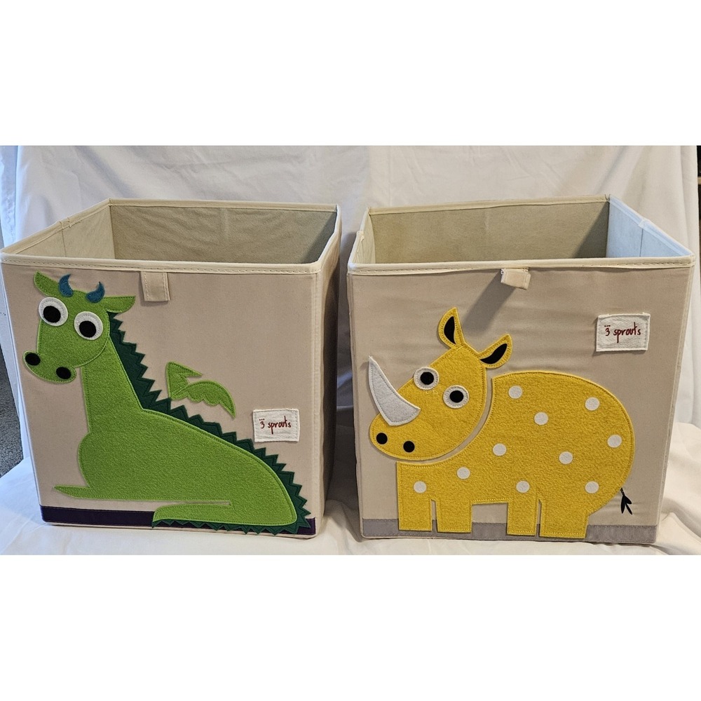 3 Sprouts 13" Storage Cubes Lot of 2 Dragon & Rhino Fabric Toy Bin Baskets